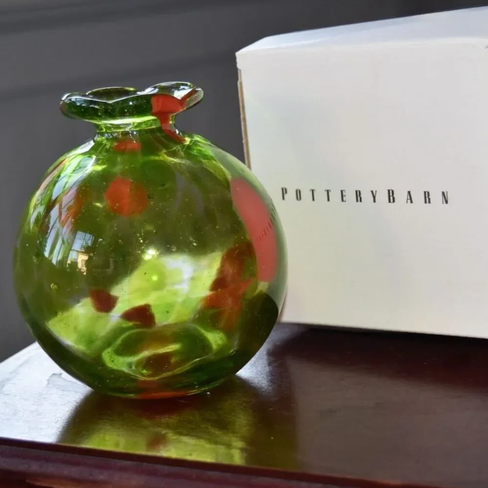 Pottery Barn Hand Blown Art Glass Bud Vase Green Red Polka Dot Ruffled 5”